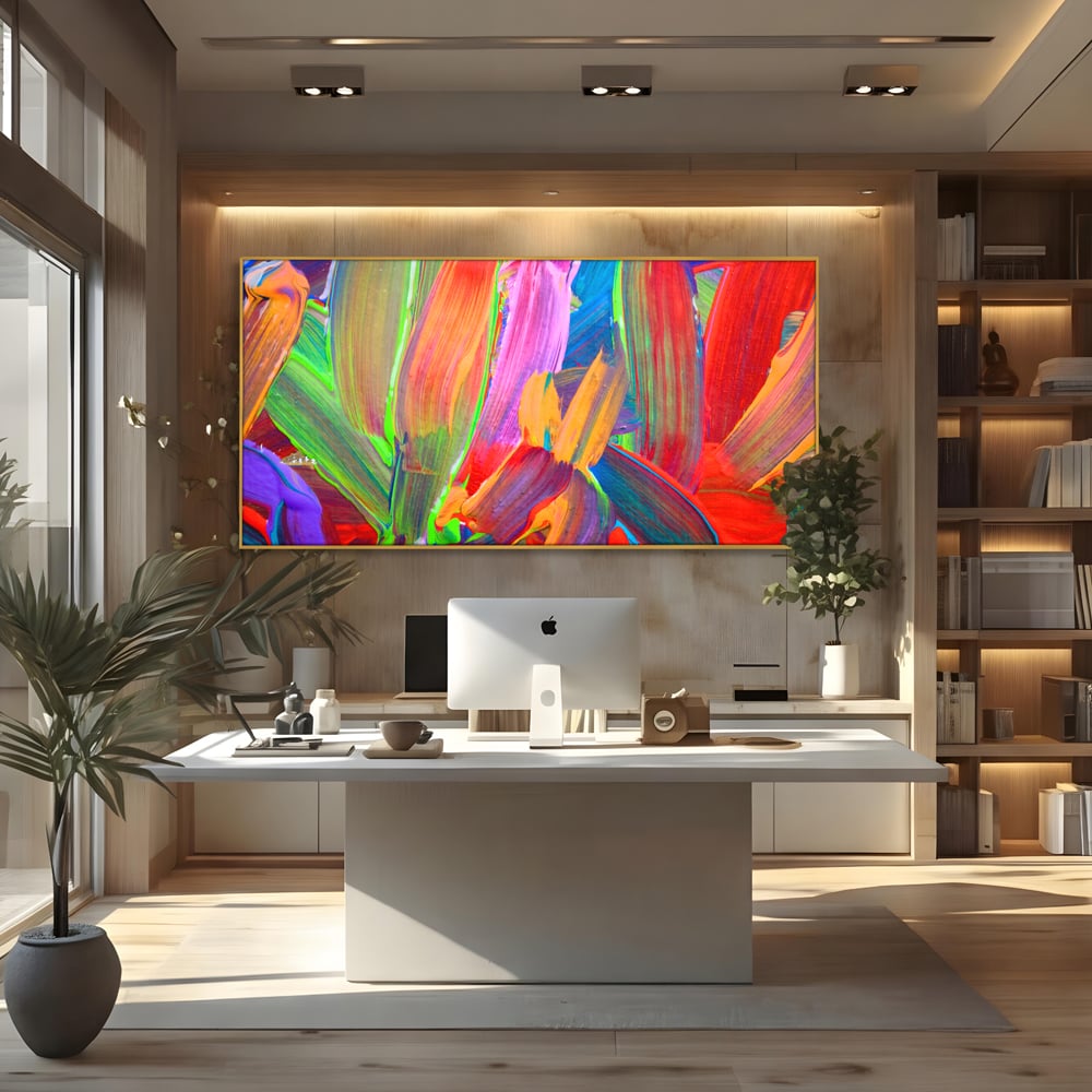 Tablou canvas cu pictura abstracta cu pensule grosiere, in rama de aluminiu auriu, pe perete intr-un birou